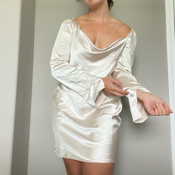 Princess Polly Dresses & Skirts - Princess Polly Satin Beige Neutral Long Sleeve Cowl Neck Mini Dress